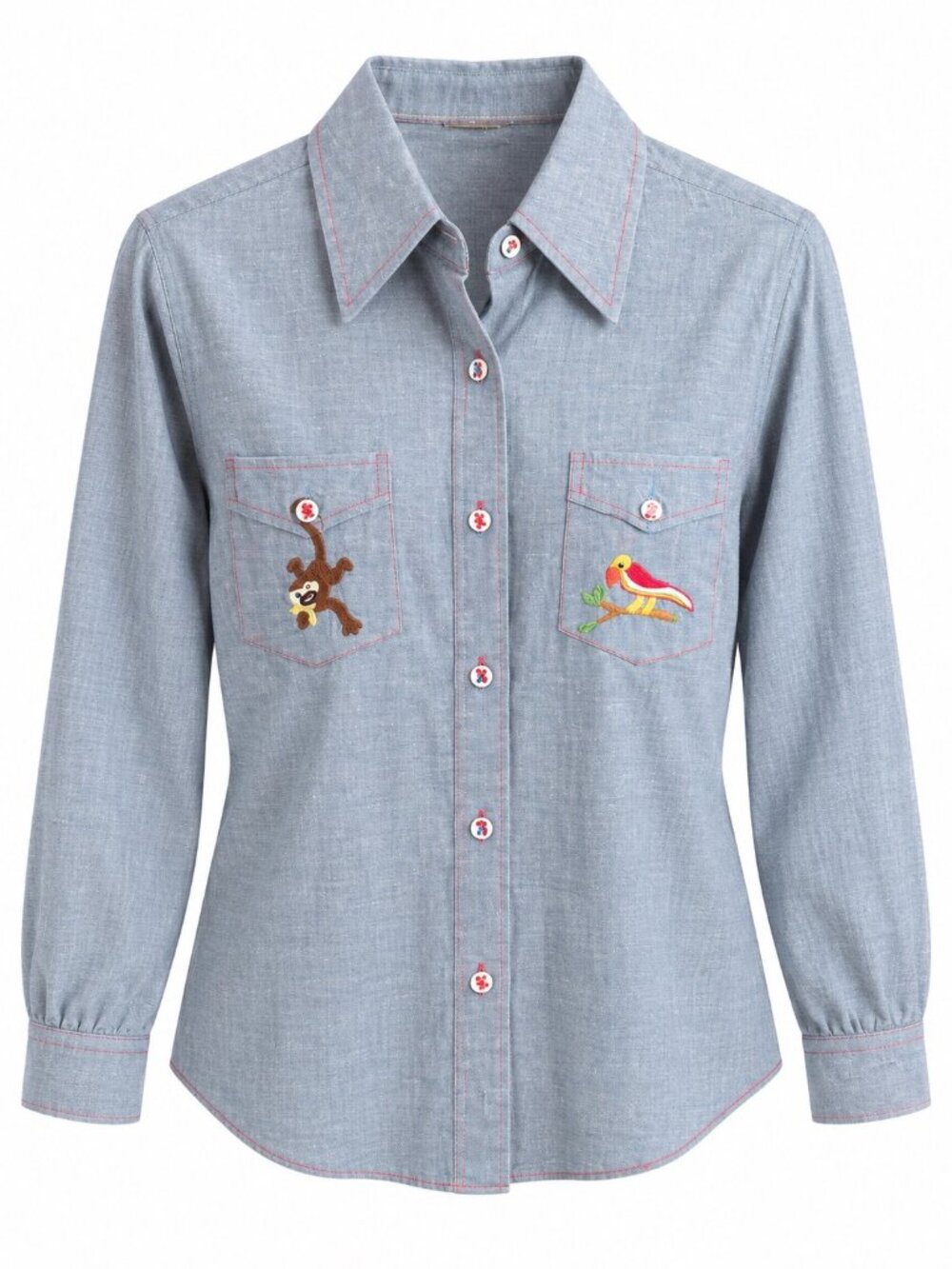 Vintage Chambray Button-Up Shirt With Embroidered Animals Rainbow & Love Design